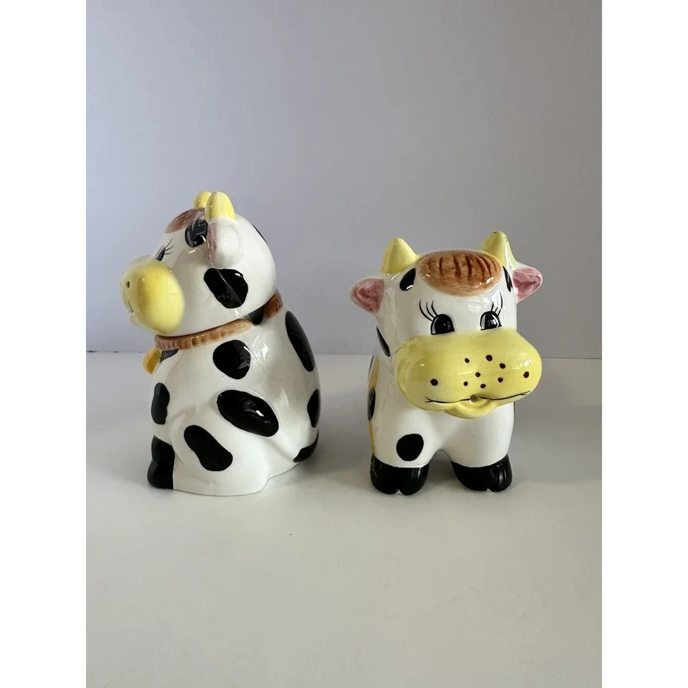 Vintage Ceramic Cow Creamer and Sugar Bowl Set Black White Spotted Farmhouse